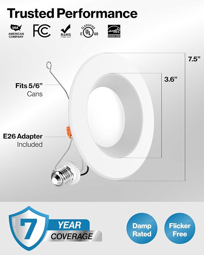 Sunco 10 Pack LED Recessed Lighting 6 Inch, Retrofit Can Lights, 965LM, 13W (100W Equivalent), Selectable CCT 2700K/3000K/3500K/4000K/5000K, Dimmable, Baffle Trim, Damp Rated UL