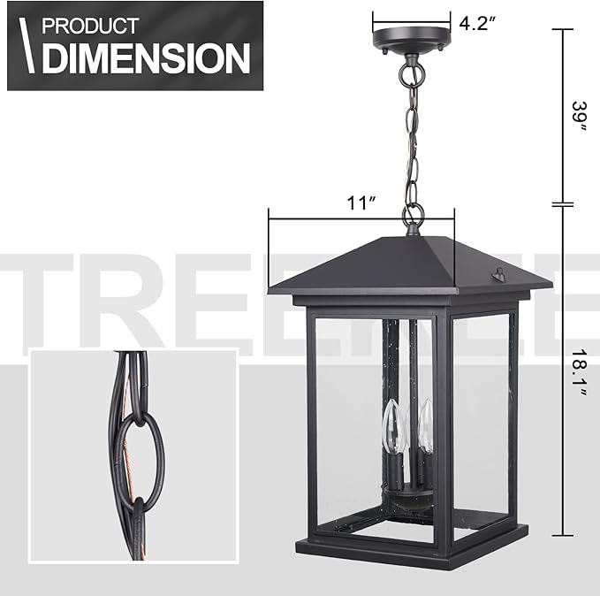 Treekee Large Outdoor Pendant Light, Modern Adjustable Hanging Lantern, Black Outside Porch Chandelier Light with Seeded Glass, Exterior Pendant Lighting for Patio, Porch, Yard, Gazebo