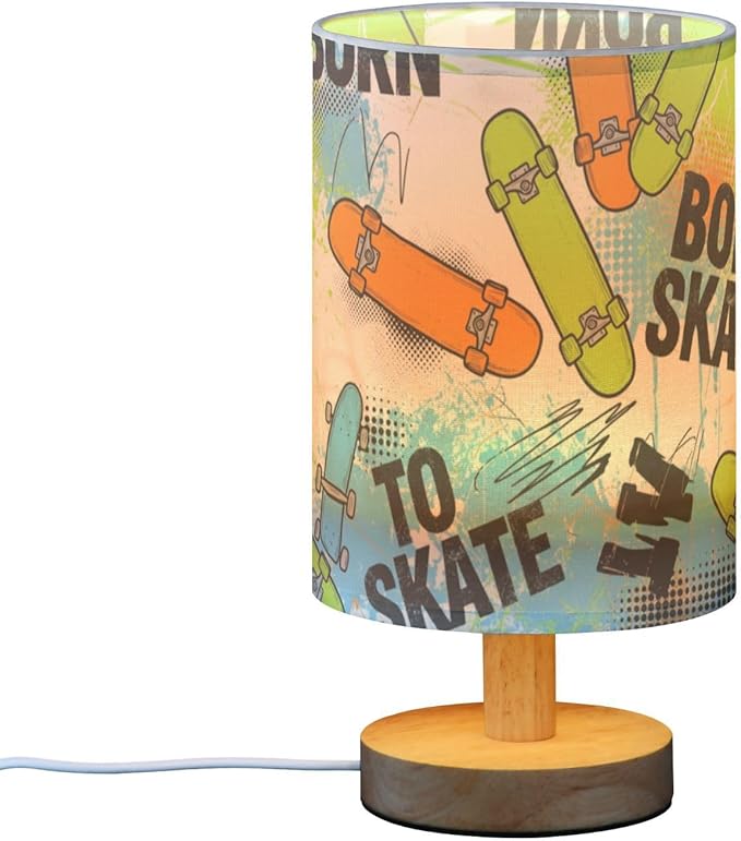 Aslsiy Grunge Skateboarding Bedside Table Lamp White Nightstand Lamp Night Light Fabric Shade for Bedroom Living Room Home Office