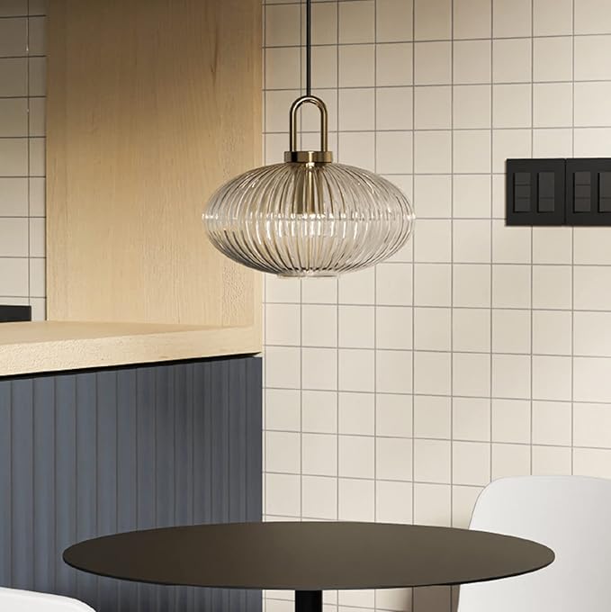 Industrial Vintage Pendant Lighting with Ribbed Glass Lamp Shade and Bronze Finish, Modern Retro Ceiling Light Hanging Lamp for Bedside Dining Table Kitchen Island (Transparent, 11.8")
