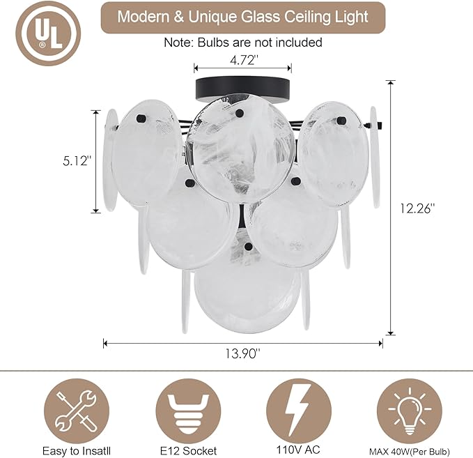 Modern Flush Mount Glass Ceiling Light, Black Hallway Lights Vintage Chandelier, 4-Light Unique Light Fixture for Bedroom Entryway Kitchen Laundry Bathroom Farmhouse