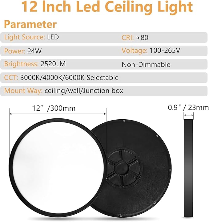 12PK 12 Inch LED Flush Mount Ceiling Light, 24W, 2520LM, 3000K/4000K/6000K CCT Selectable Super Slim LED Ceiling Light, Close to Ceiling Round Flat Panel Light for Hallway, Bedroom,Kitchen ect
