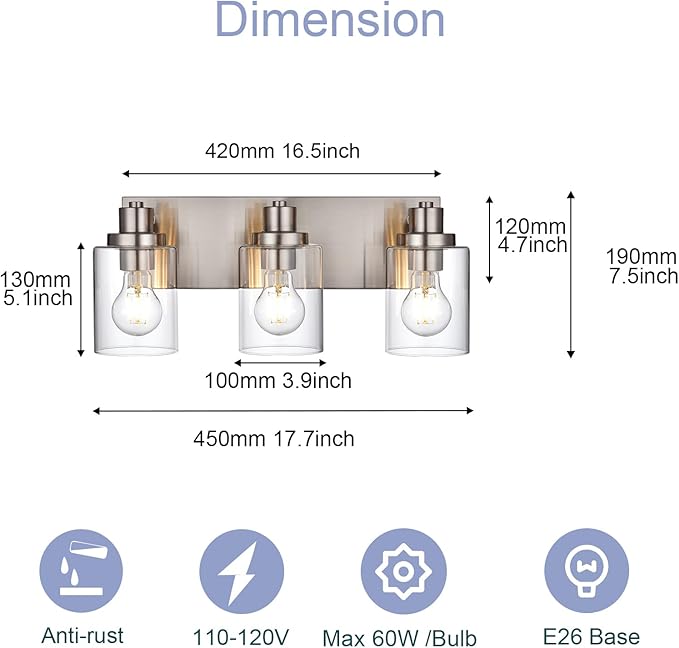 3 Light Bathroom Vanity Light Brushed Nickel Bathroom Lighting Fixtures Over Mirror with Clear Glass Shade, Modern Farmhouse Wall Sconces Vanity Lights for Bedroom Living Room