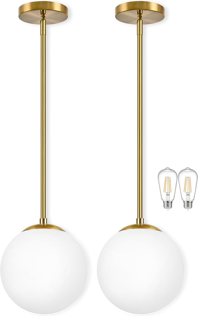 Bagood 10" Globe Pendant Light Gold 2 Pack Mid Century Pendant Light Globe Pendant Lights Kitchen Island Brushed Brass Finished with Milk Glass Adjustable Ceiling Light Fixtures for Dining Room Bar