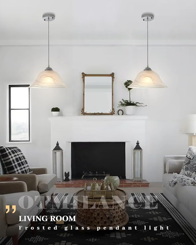 Chrome Pendant Lights Kitchen Island, 11.8 Inch Vintage Alabaster Glass Pendant Lights, White Farmhouse Pendant Light 2 Pack, Glass Pendant Light for Dinning Room, Living Room，Bedroom