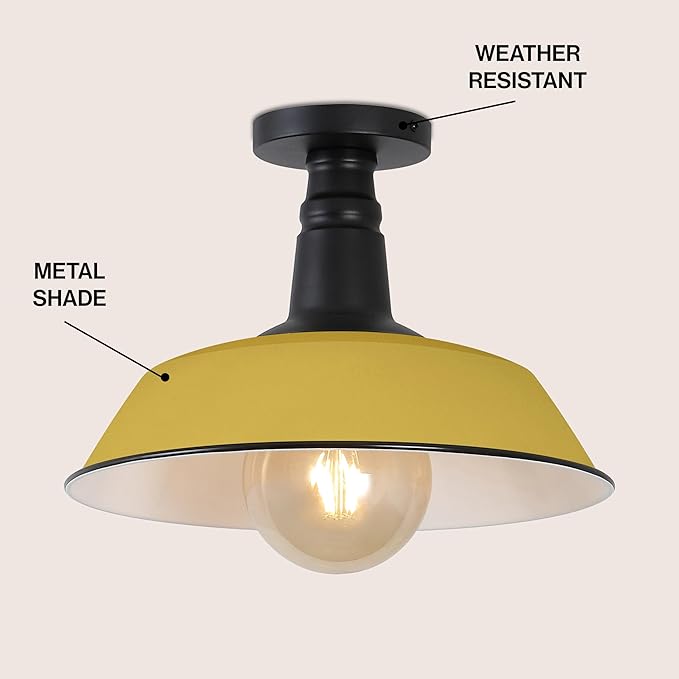 JONATHAN Y 14" Matte Yellow/Black 1-Light Industrial LED Semi Flush Mount Ceiling Light for Porch, Kitchen, Entryway, Modern Farmhouse Iron Fixture, White Metal Shade, LED Bulb Included (JYL7617H)