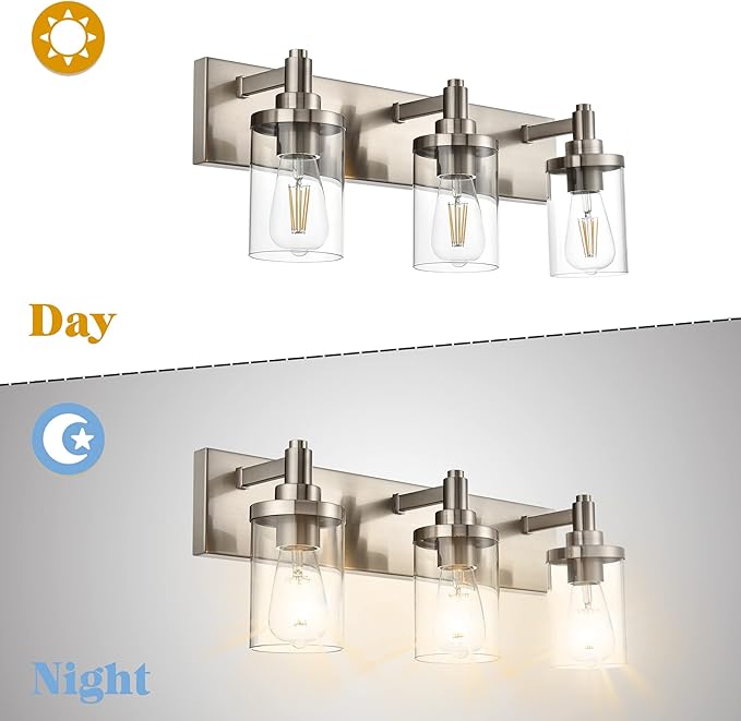 Modern Bathroom Vanity Lights,3-Lights Wall Sconce Lighting E26 Base Brushed Nickel Industrial Wall Light with Clear Glass Shade Bathroom Light Fixtures for Mirror Bedroom Kitchen Hallway