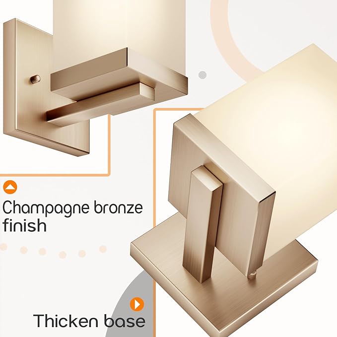 Wall Sconce Over Mirror Champagne Bronze Bathroom Vanity Lighting Fixtures with White Frosted Glass, Wall Lamps for Porch Entrance, 2 Pack T003CPG-L1-P2