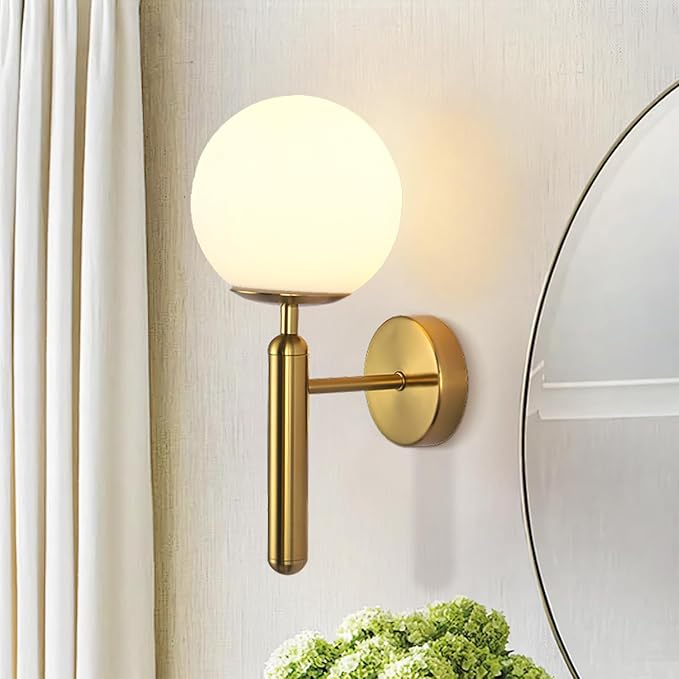 KCO Lighting Milk Glass Globe Wall Sconce Mid Century Brushed Brass Wall Sconces Modern Gold Wall Light Vintage Bathroom Vanity Light Fixtures for Bedroom Hallway
