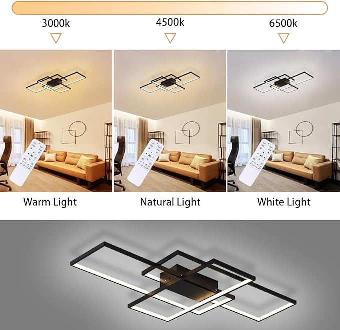 Jaycomey Dimmable Ceiling Light, Black Modern LED Ceiling Lamps with Remote Control, 50W Acrylic Square Flush Mount Ceiling Light Fixture for Living Room Dining Room Bedroom Kitchen