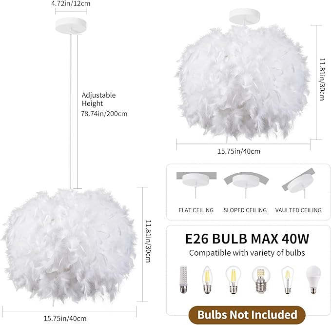 NZV White Feather Pendant Light for Bedroom 15.8in Modern Feathers Chandelier Light Fixture for Girls Room Romantic White Hanging Ceiling Lighting for Dining Room Kitchen Island Foyer Hallway