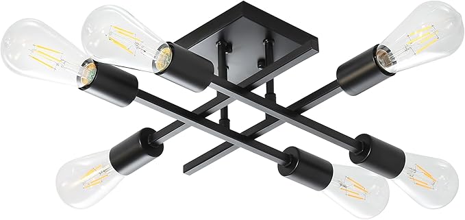 6-Light Semi Flush Mount Ceiling Light Fixture, Industrial Black Close to Ceiling Lighting, Modern E26 Base Sputnik Chandelier Ceiling Lamp for Kitchen Bedroom Living Room Hallway