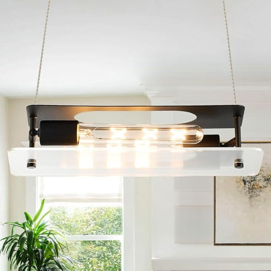 Black Linear Pendant Light, Adjustable Height Modern Chandelier with Glass Shade, Industrial Hanging Lighting Fixture for Kitchen Island, Dining Room, Cafe, Bar, Sink