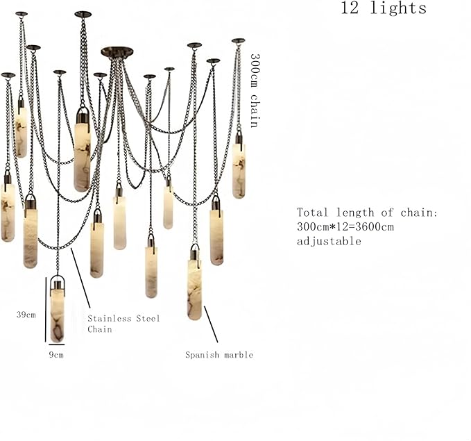 RUIBO Alabaster 12 Light LED Multi-Drop Hanging Pendant Lighting,Cylinder Natural Marble Multi Light Pendant Lights,Living Dining Room Loft Bedroom Modern LED Hanging Lamps(E14)