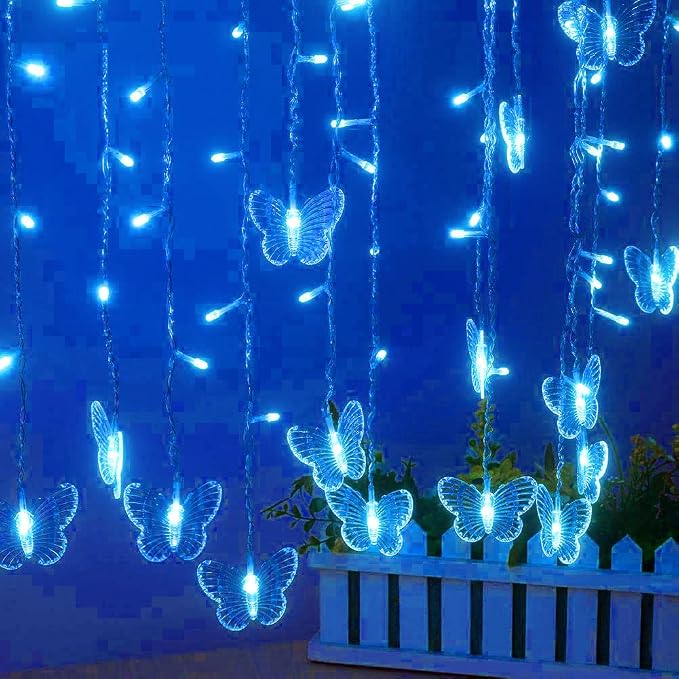 Curtain Butterfly String Light 20Ft 120LED Window USB Fairy Lights 24 Butterfly 8 Modes with Remote Control for Room Bedroom Patio Party Wedding Holiday Christmas Decoration (Blue)