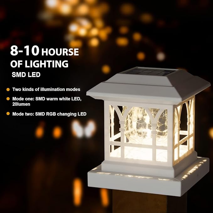 Solar Post Cap Lights, Warm White & RGB Automatic Cycling, Cracked Glass Bulb, 20 Lumens lP65 Waterproof Fit 3.6x3.6 4x4 4.5x4.5 5x5 Wood Fence Post Solar Powered Lights White (2 Pack)