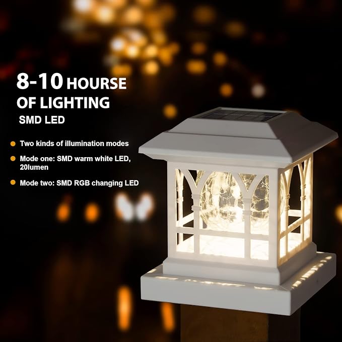 Solar Post Cap Lights, Warm White & RGB Automatic Cycling, Cracked Glass Bulb, 20 Lumens lP65 Waterproof Fit 3.6x3.6 4x4 4.5x4.5 5x5 Wood Fence Post Solar Powered Lights White (1 Pack)