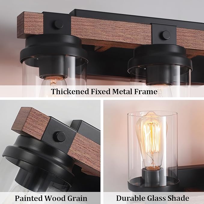3 Light Farmhouse Vanity Light, Rustic Black Bathroom Light Over Mirror with Clear Glass Shade, Wood Grain Vintage Farmhouse Wall Sconces for Bathroom, Living Room, Hallway