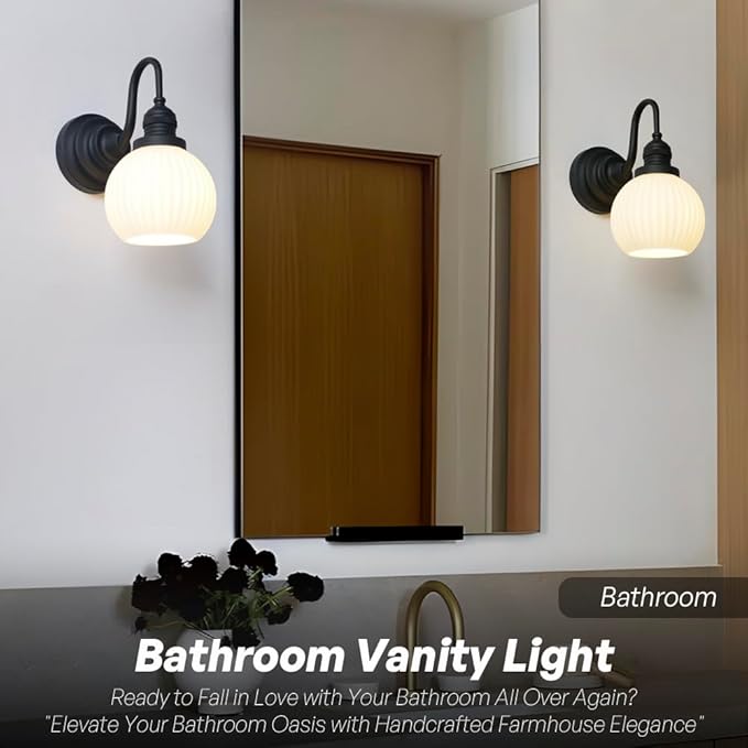 Vintage Wall Sconce Light Farmhouse Black Bathroom Vanity Light with Frosted Milk White Glass Shade Hardwire Sconce Indoor Wall Lamp Fixture for Bathroom Mirror Living Room Bedroom Kitchen