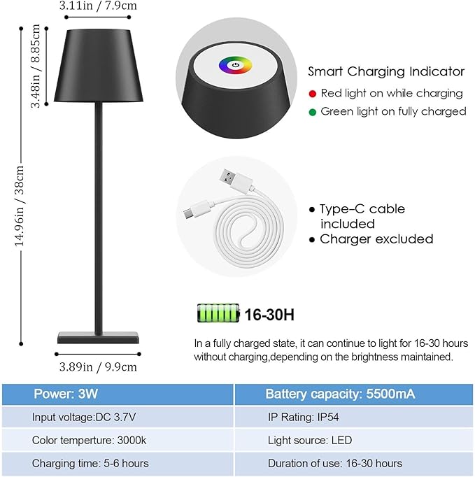 2 Pack LED Cordless Table Lamp with RGB & Stepless Dimming Rechargeable Battery Desk lamp 3W 5000mAh Battery Operated with Modern Portable Table Light for Indoor/Outdoor IP54 Waterproof (Black)