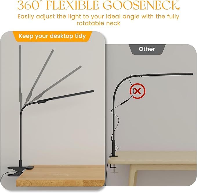 LED Clip on Light, 3 Color Modes & 10 Brightness Levels, 360° Flexible Gooseneck Clamp Lamp, Ultra Wide Brightness Range, USB Eye-Caring Table Light for Home Office/Reading/Painting, Black