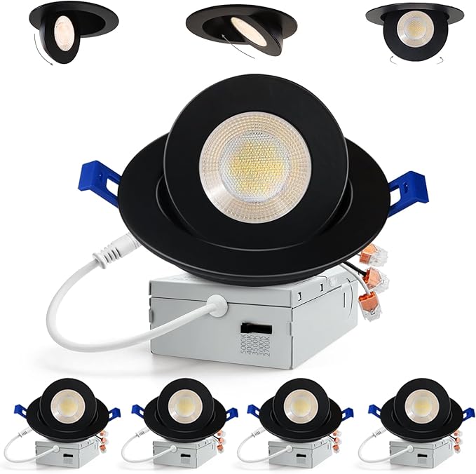 Adetu 4 inch 5CCT Gimbal Black Led Recessed Lights, 360°+90° Adjustable Directional Recessed Lighting, 2700K/3000K/3500K/4000K/5000K Dimmable Eyeball Canless Downlight with Jbox, ETL (Black, 4 Pack)