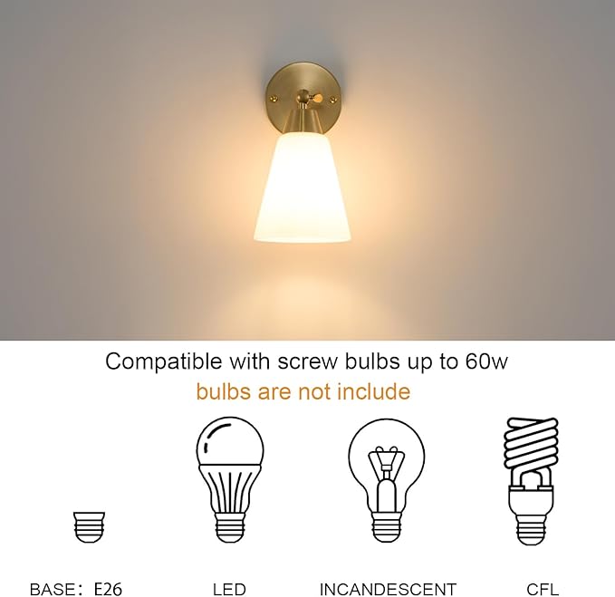 MWZ Gold Wall Sconce Decor 2 Pack,Modern Brushed Brass Sconces Lighting with White Glass Shade,Bathroom Light Fixtures Over Mirror,Vanity Lights Over Sink,Indoor Wall Mount Adjustable Angle Lamp