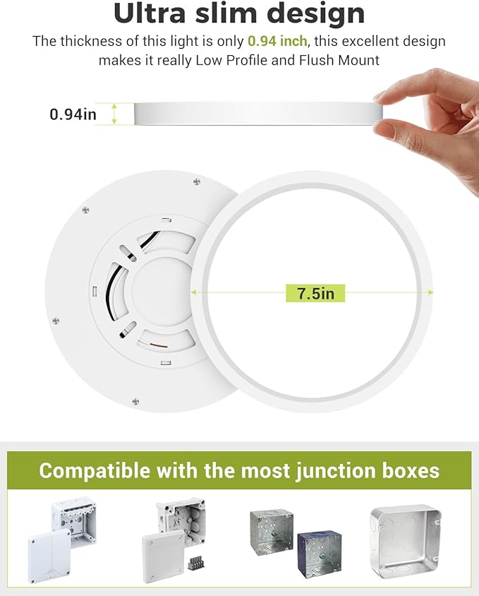 hepside 6PACK LED Flush Mount Ceiling Light, 3000K-4000K-6500K & 100W Equivalent Modern Kitchen Recessed Ceiling Lamp 15W 1500Lm 7.5 Inch for Bathroom Closet Laundry Bedroom Hallway, White