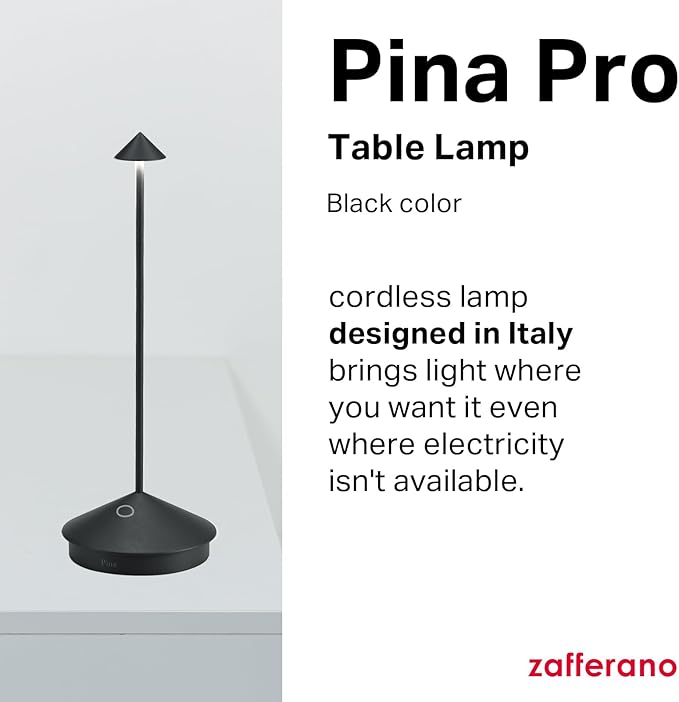 Zafferano, Pina Pro Lamp, Rechargeable Cordless Table Lamp with Touch Controls, Suitable for Indoor and Outdoor, Dimmer, 2200-3000 K, Height 11.4 Inches, Black Color
