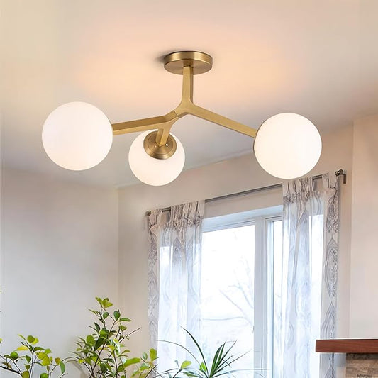 Lingkai Brass Gold Semi Flush Mount Ceiling Light Fixture, Mid Century Modern Light Fixtures Ceiling, 3-Light 23.6" Brass Gold Sputnik Ceiling Light for Living Room, Bedroom, Bathroom, Over The Sink