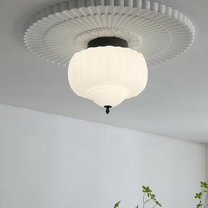 Milk Glass Semi Flush Mount Ceiling Light, 12" Mid Century Modern Schoolhouse Close to Ceiling Light Fixtures, Black White Vintage Light fixtures For Bedroom Kitchen Living Room Entryway Hallway Foyer