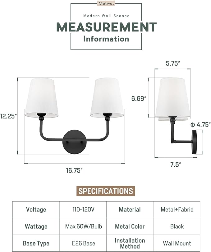 2-Light Bathroom Light Fixtures, Matte Black Vanity Lights, Double Wall Sconce with Flared White Fabric Shade, Modern Sconces Wall Lighting for Hallway Bedroom Stairway, VL837-MB-2-S