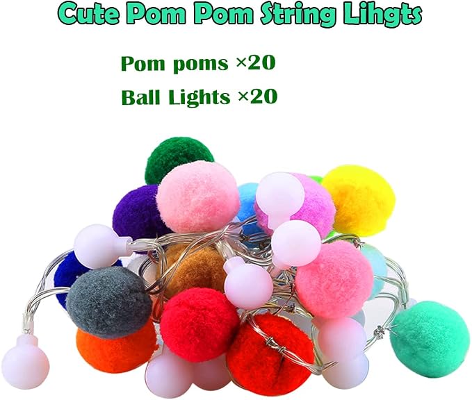 ChiRee Indoor Pom Poms Fairy Lights - 6.56 Feet, 20 LED, Battery Operated, Warm White Globe Lights for Home, Bedroom, Kids Playhouse, Holiday, Christmas