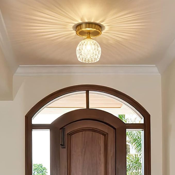2 Pack 4.3'' Semi Flush Mount Ceiling Light, Light Luxury Ceiling Light Fixture, Clear Crystal Lampshade Vintage Hallway Lights Fixtures, Brass Base Flush Mount Ceilings Lights【No Bulb Included】
