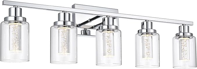 MELUCEE 5 Color Dimmable Bathroom Vanity Light Fixtures 5-Light Bath Wall Lights Modern LED Vanity Lights for Bathroom Chrome with Crystal Bubble Clear Glass Shade, Built-in LED Chips