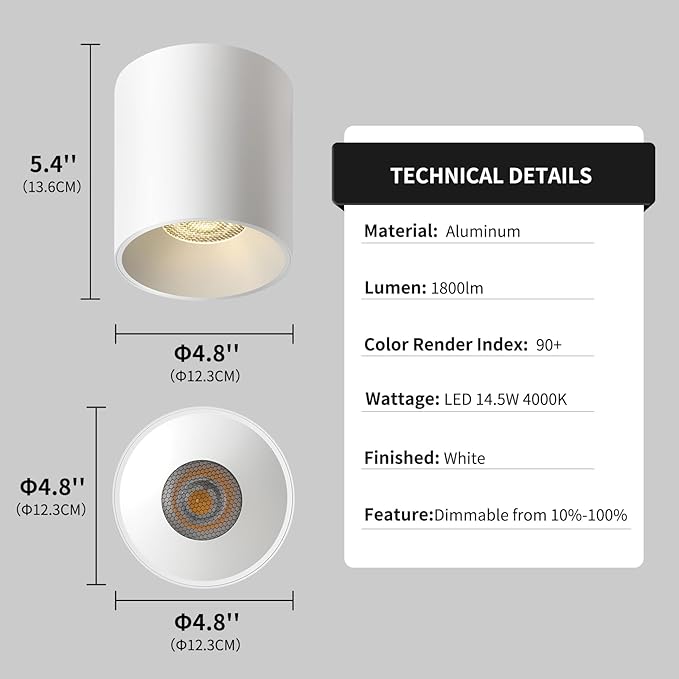 OKELI Modern LED Cylinder Ceiling Lights, White Dimmable Hallway Living Room Kitchen Flush Mount Ceiling Lamps COB 20W 4000K 3Pack