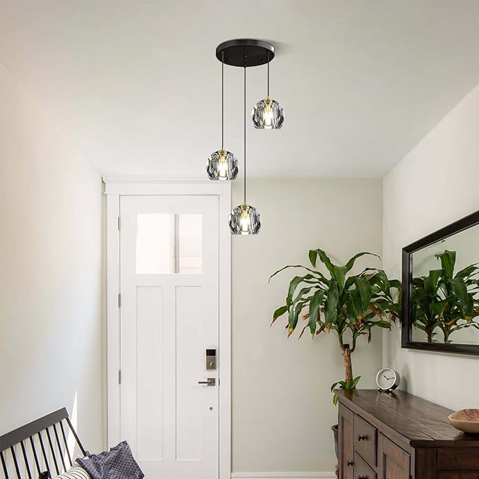 3 Light Cluster Pendant Lighting Black Crystal Chandelier Small Crystal Pendant Lights Kitchen Island Modern Hanging Light Fixture Gold Dining Room Light Fixtures Over Table