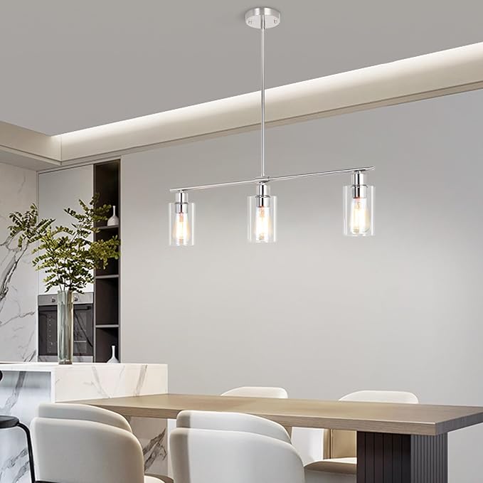 3-Light Kitchen Island Lighting, Farmhouse Dining Room Light Fixtures Over Table, Modern Brushed Nickel Island Lights Over Island, Linear Chandelier Hanging Ceiling Pendant Light Fixtures for Kitchen