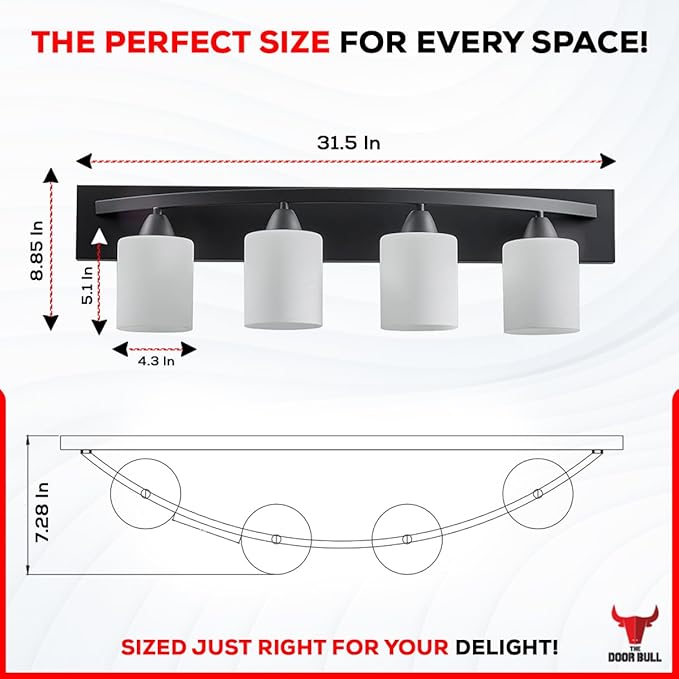 The Door Bull Modern 4-Light Bathroom Vanity Light – Matte Black Fixture with Frosted Glass Shades, E26 Socket – Wall Sconce for Mirror, Bathroom, Kitchen, Hallway, Entryway