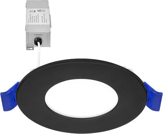 Maxxima 3 in. 5 CCT Ultra Thin Recessed LED Downlight, 400 Lumens, Slim Canless Light, IC Rated, 5 Color Temperature Selectable 2700K/3000K/3500K/4000K/5000K, Dimmable, Black Trim, J-Box Included
