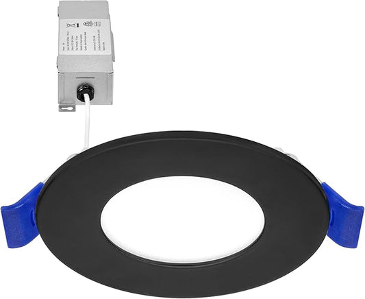 Maxxima 3 in. 5 CCT Ultra Thin Recessed LED Downlight, 400 Lumens, Slim Canless Light, IC Rated, 5 Color Temperature Selectable 2700K/3000K/3500K/4000K/5000K, Dimmable, Black Trim, J-Box Included
