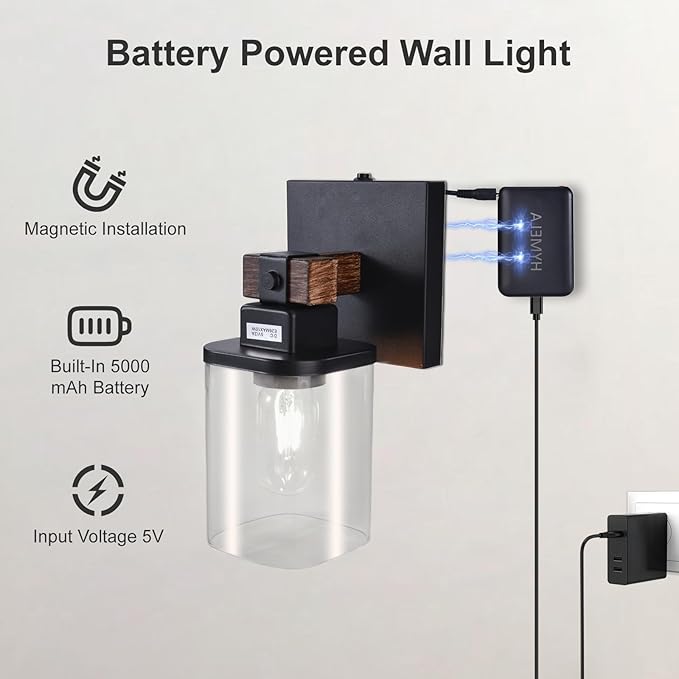 Battery Operated Wall Sconce 2-Pack Farmhouse Battery Wall Sconces Set of Two Rechargeable Lamp, Wireless Cordless Light for Bedroom