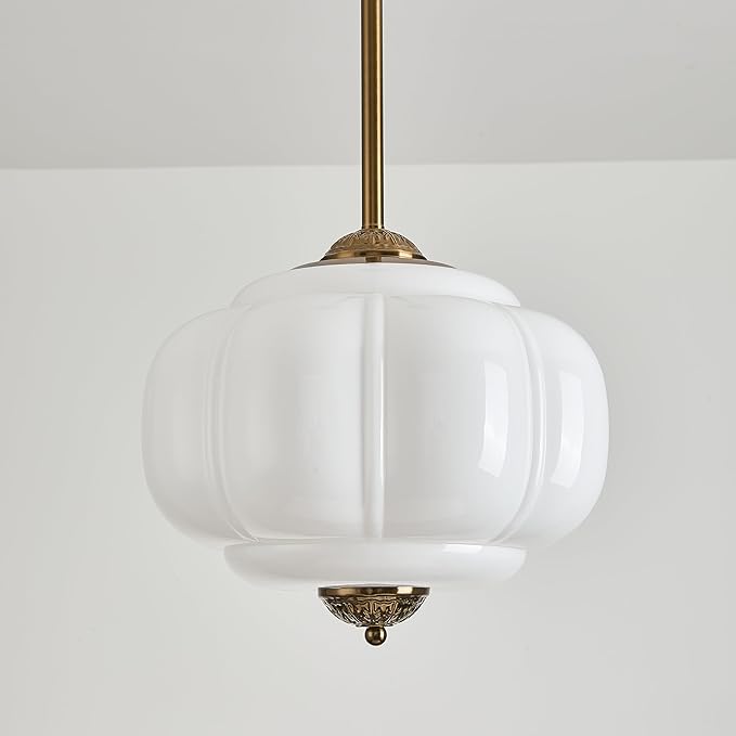 Milk Glass Ceiling Light Fixture, 12" Vintage Semi Flush Mount Pendant Light with Antique Brass Finish, Schoolhouse Light Fixture - Antique Chandelier for Kitchen, Hallway, Dining Room