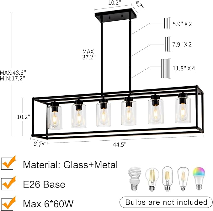 6 Light Dining Room Light Fixture Black Farmhouse Chandelier Kitchen Island Pendant Lighting Rectangle Modern Industrial Living Room Hanging Lights Adjustable Height