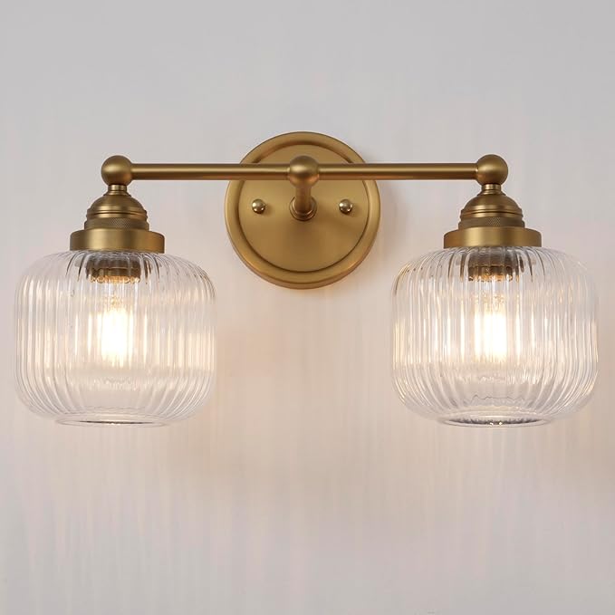 Vintage 2-Lights Clear Ribbed Glass Wall Sconce Lighting Brass Finished, Double Head Bathroom Vanity Light Fixture for Bedroom Living Room Dining Room Hallway