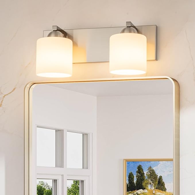 mirrea 16in 2-Light Brushed Nickel Vanity Lights for Bathroom, Vanity Lighting Fixtures with Etched White Glass Shades