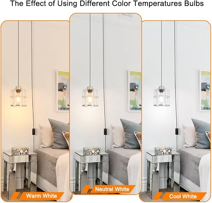 Brushed Nickel Plug in Pendant Light, Hanging Lights with Plug in Cord, Corded Cage Hanging Lamp, Plug in Swag Light Fixtures with Clear Glass, Pendant Lights for Kitchen Island Living Room