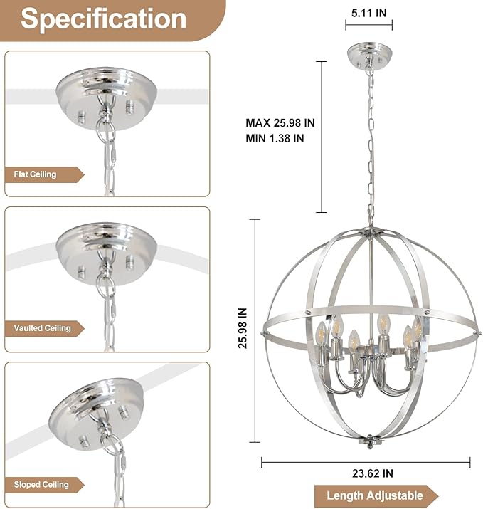 DLLT 6-Light Chrome Globe Pendant Light Fixtures, Industrial Sphere Pendant Lighting Over Island for Dining Room Foyer