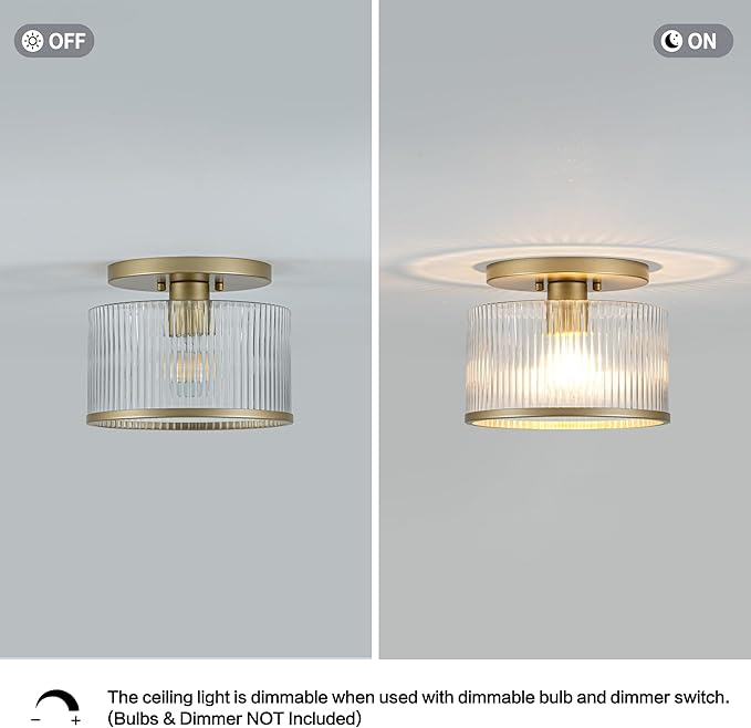 Zlepmlla Glass Ceiling Light, Clear Ribbed Glass Ceiling Light Fixture with Gold Metal Frame, Modern Semi Flush Mount Ceiling Light for Hallway,Entryway, Bedroom, Bathroom, Kitchen