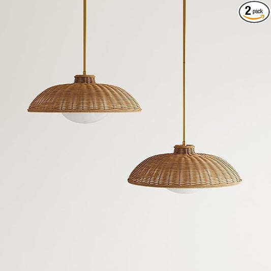 Nathan James Belleville Boho Rattan Pendant Light with Diffuser, Sloped Ceiling Pendant Light with Rattan Shade and Glass Diffuser, Set of 2